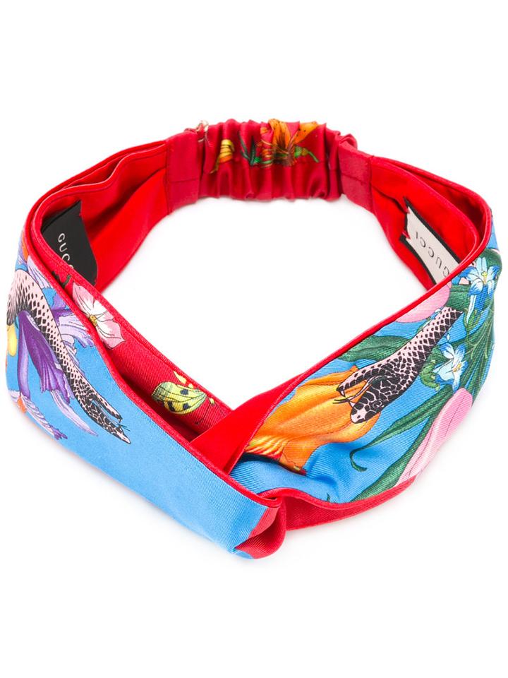 Gucci Floral Snake Print Headband, Women's, Blue, Cotton/silk