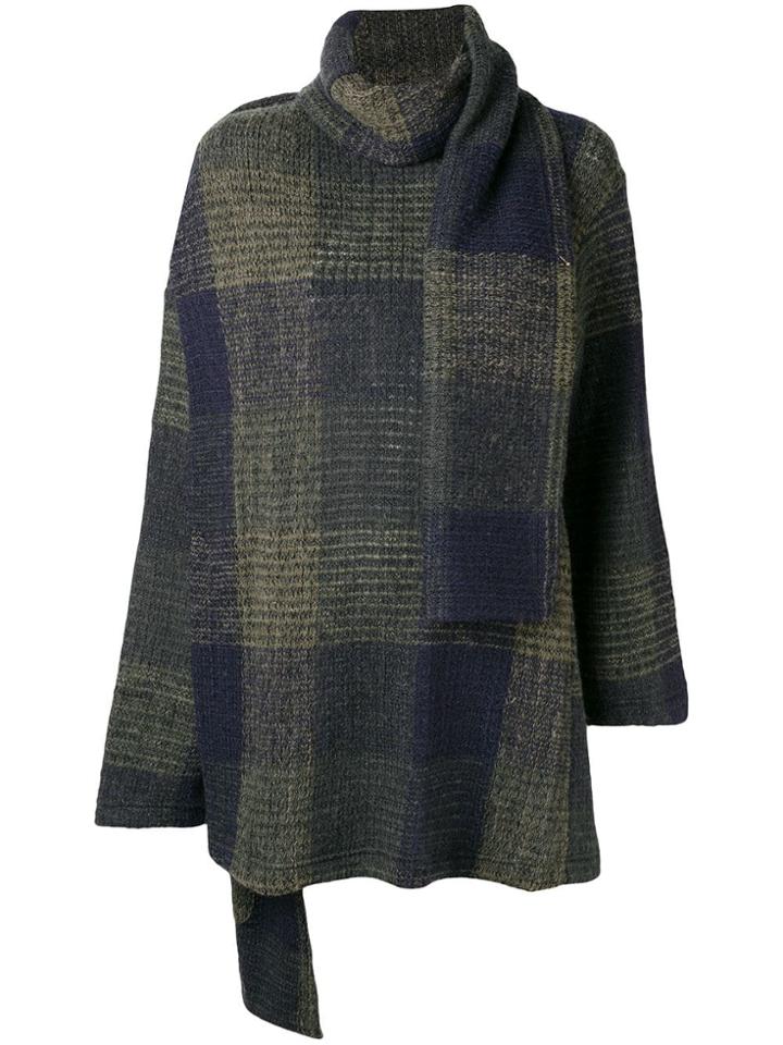 Y's Shawl Detail Checked Sweater - Blue
