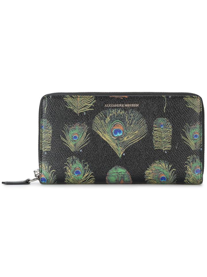 Alexander Mcqueen Peacock Print Long Zip Wallet - Black
