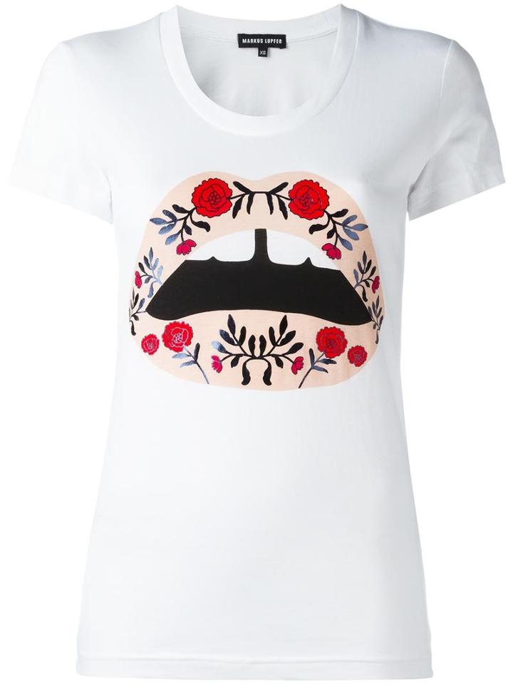 Markus Lupfer Lips Print T-shirt, Women's, Size: Medium, White, Cotton