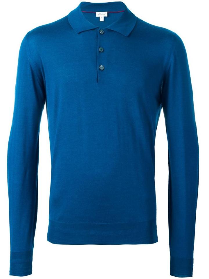 Brioni Long Sleeve Polo Shirt, Men's, Size: 58, Blue, Wool/cashmere/silk