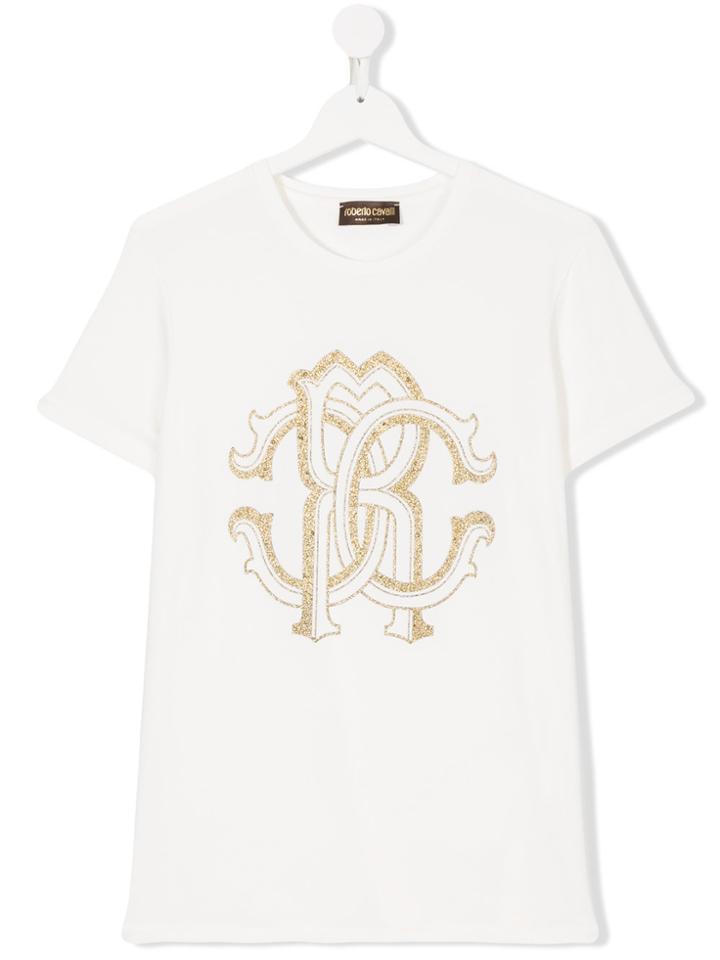 Roberto Cavalli Kids Teen Embellished Logo T-shirt - White
