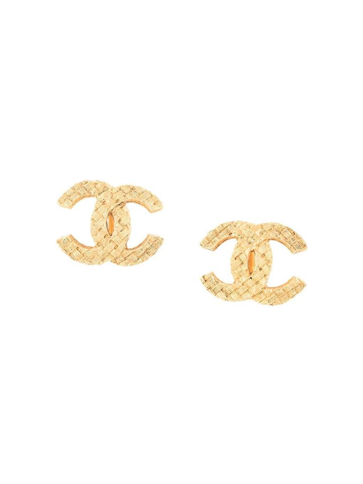 Chanel Vintage Tweed-effect Cc Earrings - Gold