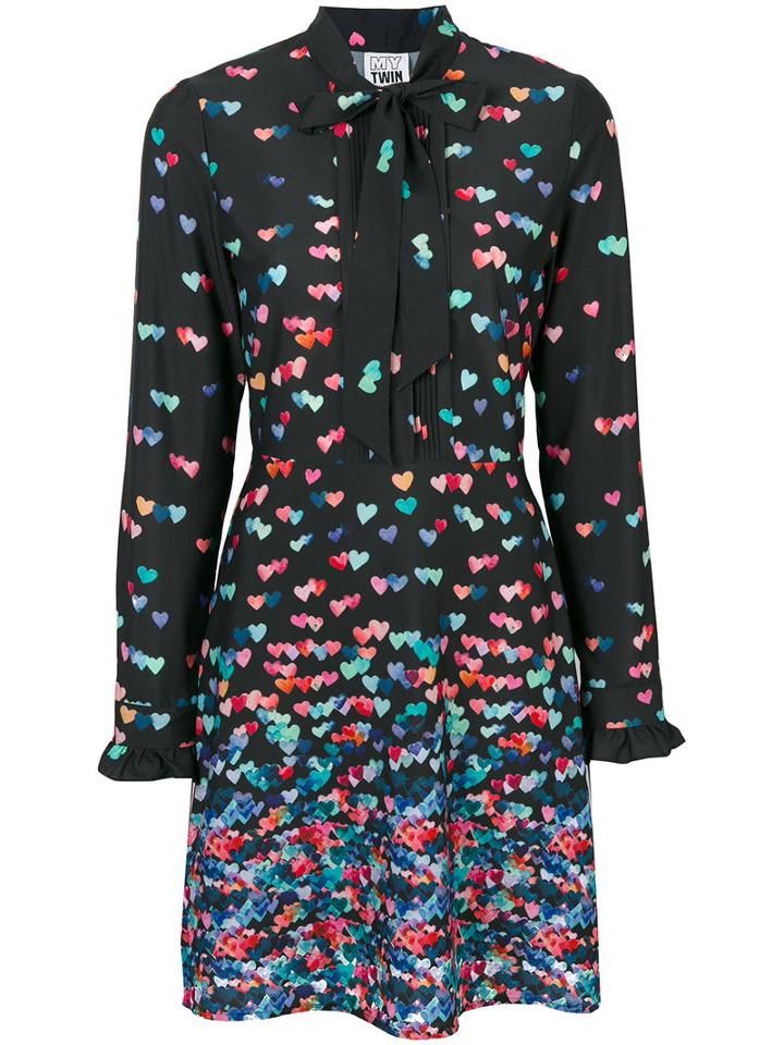 Twin-set - Hearts Print Bow Dress - Women - Polyester - Xxs, Black, Polyester