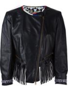Bazar Deluxe Fringed Beaded Collar Cropped Leather Jacket