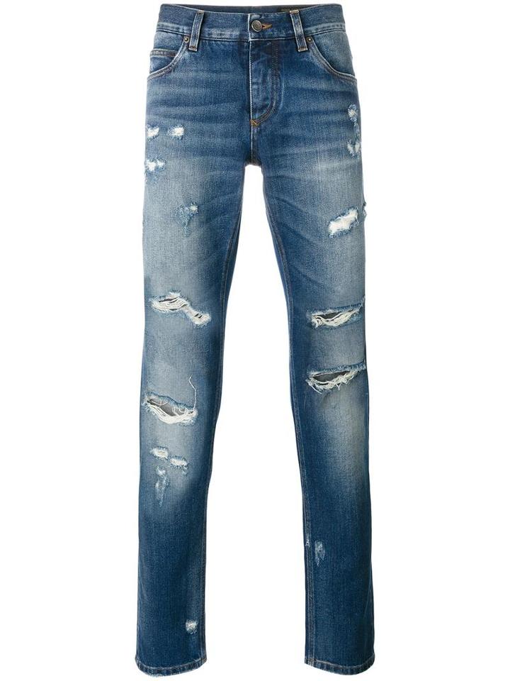 Dolce & Gabbana Ripped Detail Jeans, Men's, Size: 52, Blue, Cotton/zamac/calf Leather