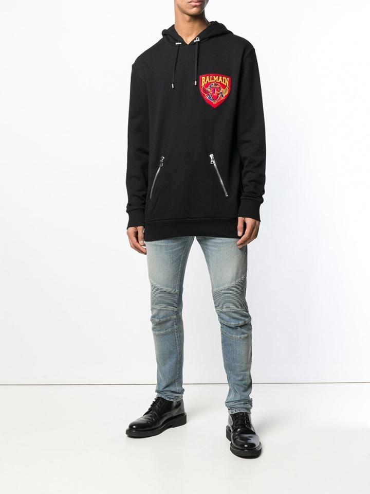 Balmain Logo Patch Hoodie - Black