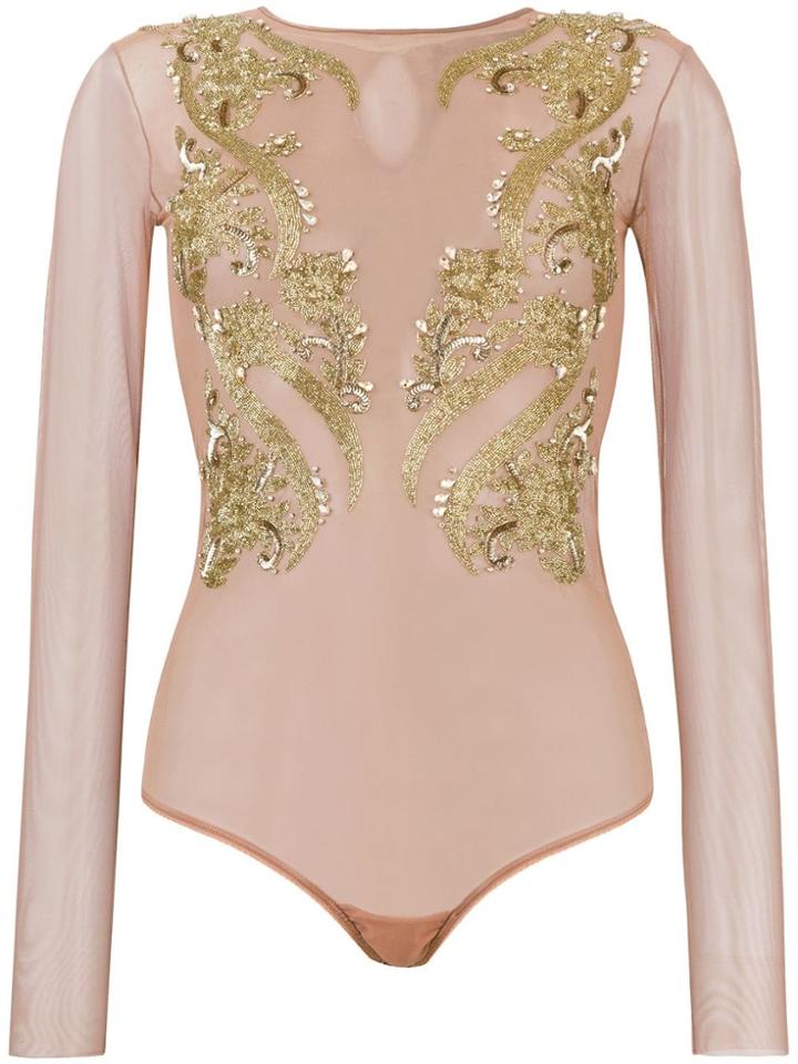 Amen Embellished Long-sleeve Bodysuit - Nude & Neutrals