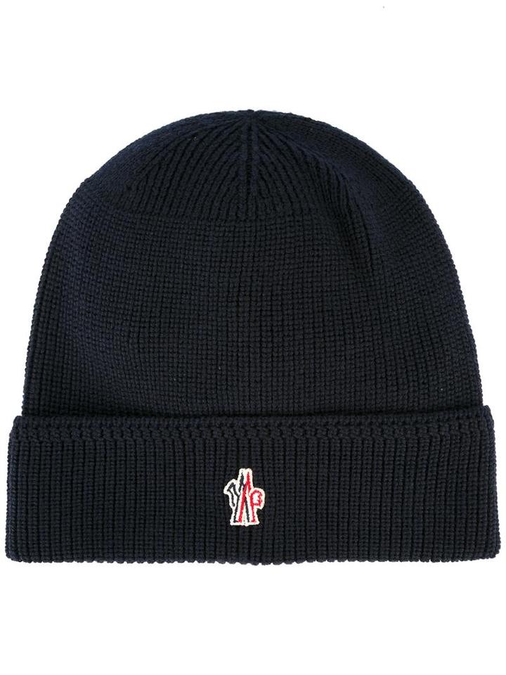 Moncler Grenoble Logo Beanie, Men's, Blue, Virgin Wool