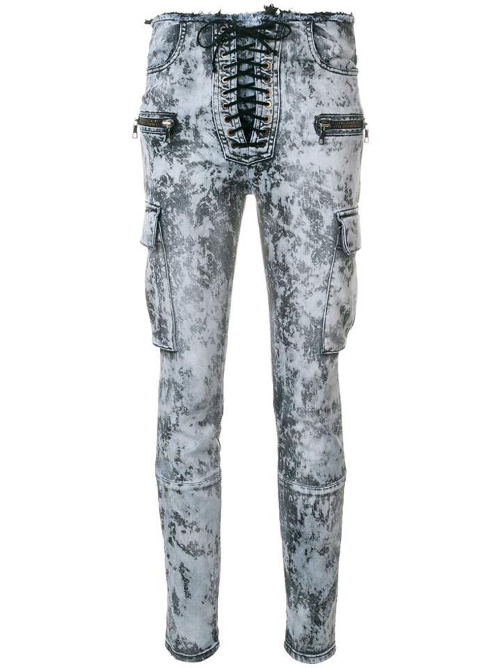 Unravel Project Lace-up Bleached Cargo Jeans - Grey