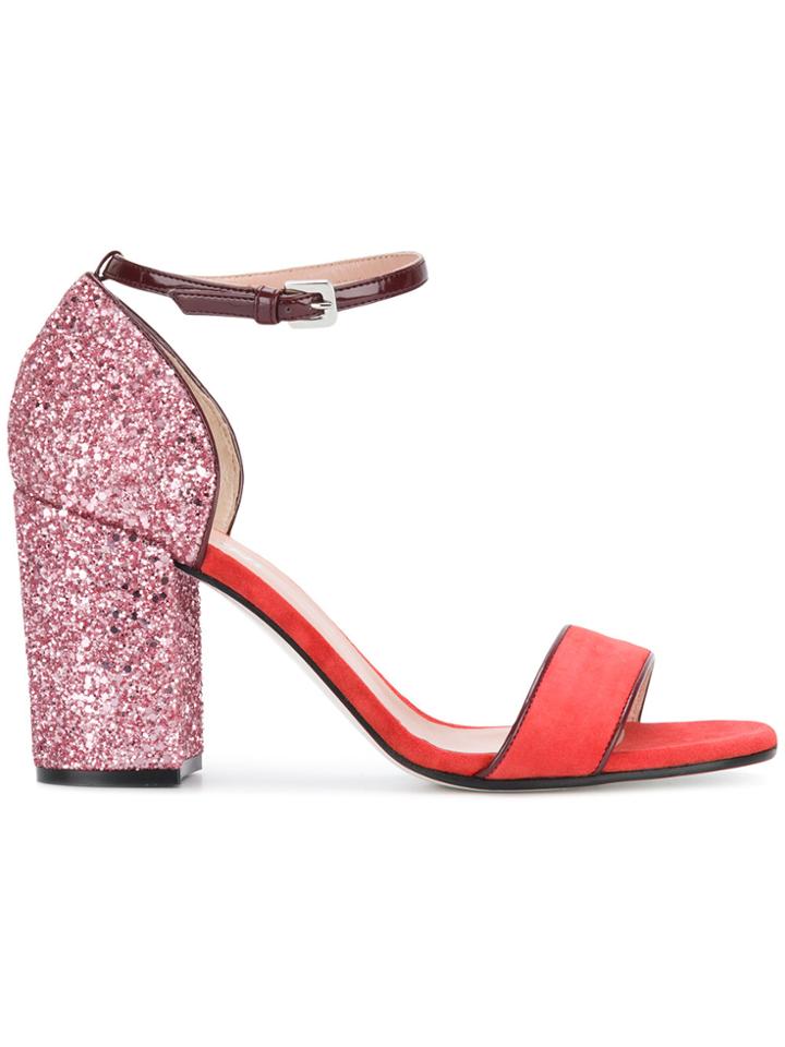 Pollini Block Heel Glitter Sandals - Red