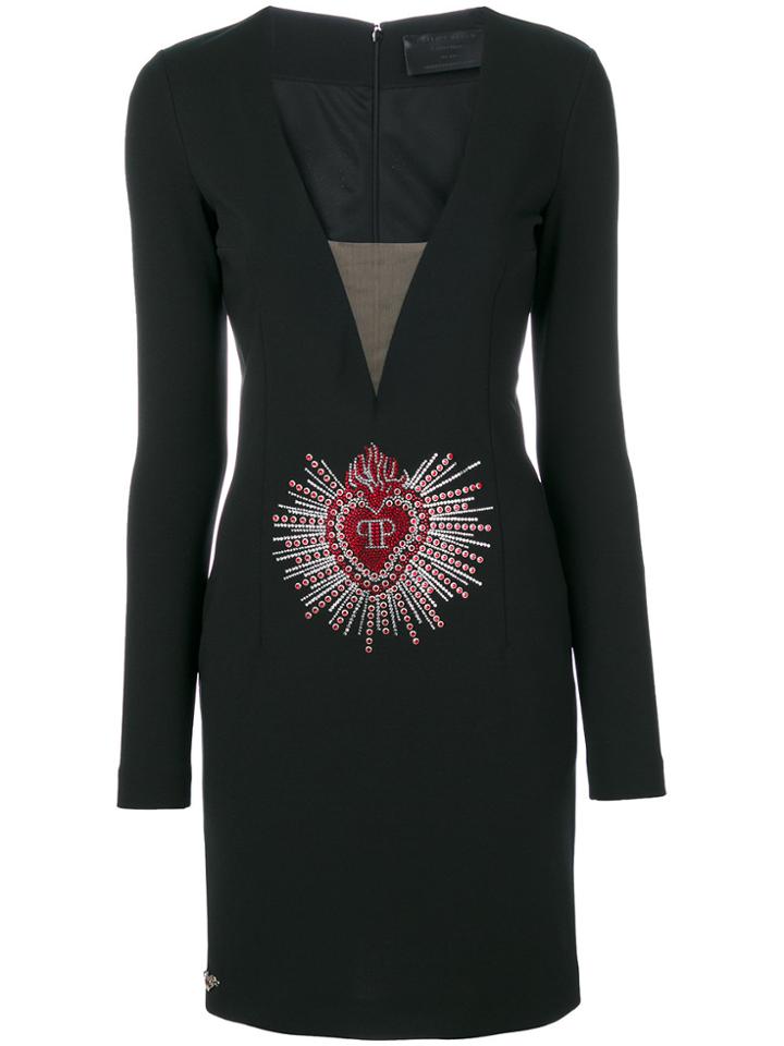 Philipp Plein Embellished Logo Plunge Dress - Black