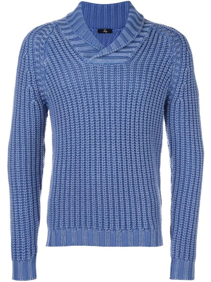 Fay Shawl Lapel Ribbed Jumper, Men's, Size: 48, Blue, Virgin Wool