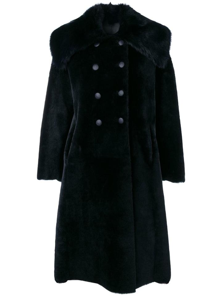 Giorgio Armani Fur Trimmed Double Breasted Coat - Blue