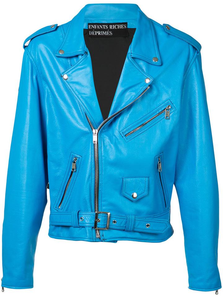 Enfants Riches Deprimes - Zip Up Biker Jacket - Men - Silk/leather - Xl, Blue, Silk/leather