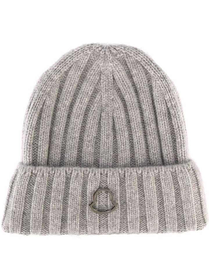 Moncler Logo Woven Beanie Hat, Women's, Grey, Cashmere