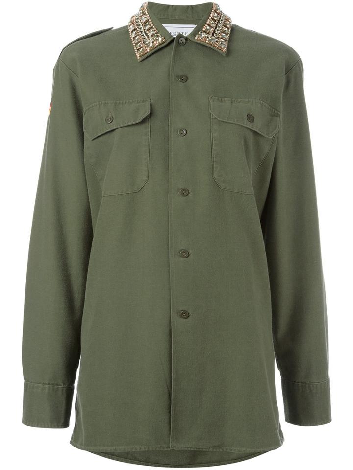 Forte Couture Stoned Collar Shirt, Women's, Size: Large, Green, Cotton/polyester/brass/metal
