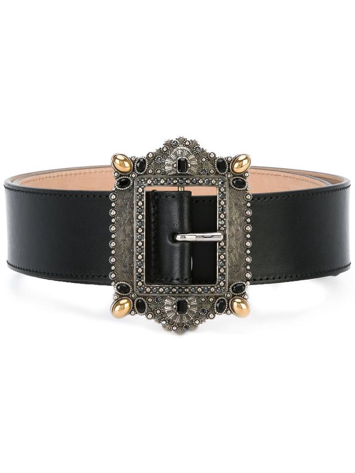 Alexander Mcqueen Decorative Buckle Belt, Women's, Size: 80, Black, Calf Leather/metal/glass