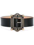 Alexander Mcqueen Decorative Buckle Belt, Women's, Size: 80, Black, Calf Leather/metal/glass