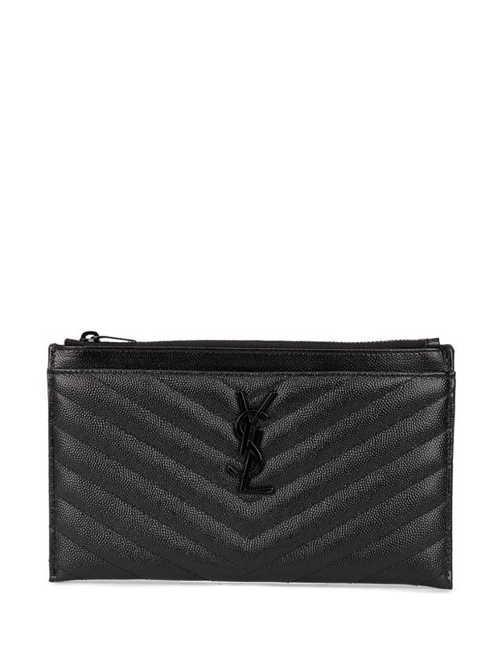 Saint Laurent Calf Leather Monogrammed Textured Clutch - Black