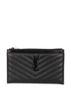 Saint Laurent Calf Leather Monogrammed Textured Clutch - Black