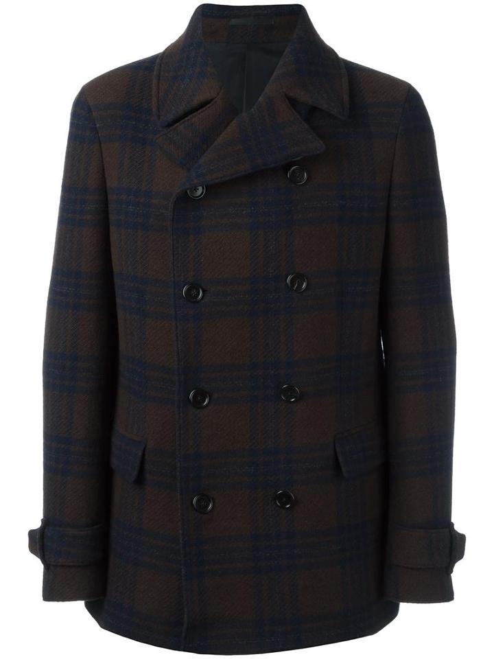 Z Zegna Checked Coat, Men's, Size: 52, Blue, Wool/cotton/cupro