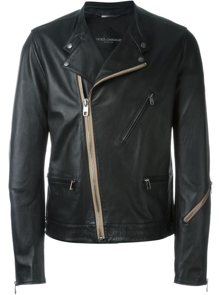 Dolce & Gabbana Contrast Detail Biker Jacket, Men's, Size: 54, Black, Silk/lamb Skin