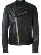 Dolce & Gabbana Contrast Detail Biker Jacket, Men's, Size: 54, Black, Silk/lamb Skin