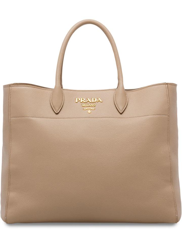 Prada Logo Plaque Tote Bag - Neutrals