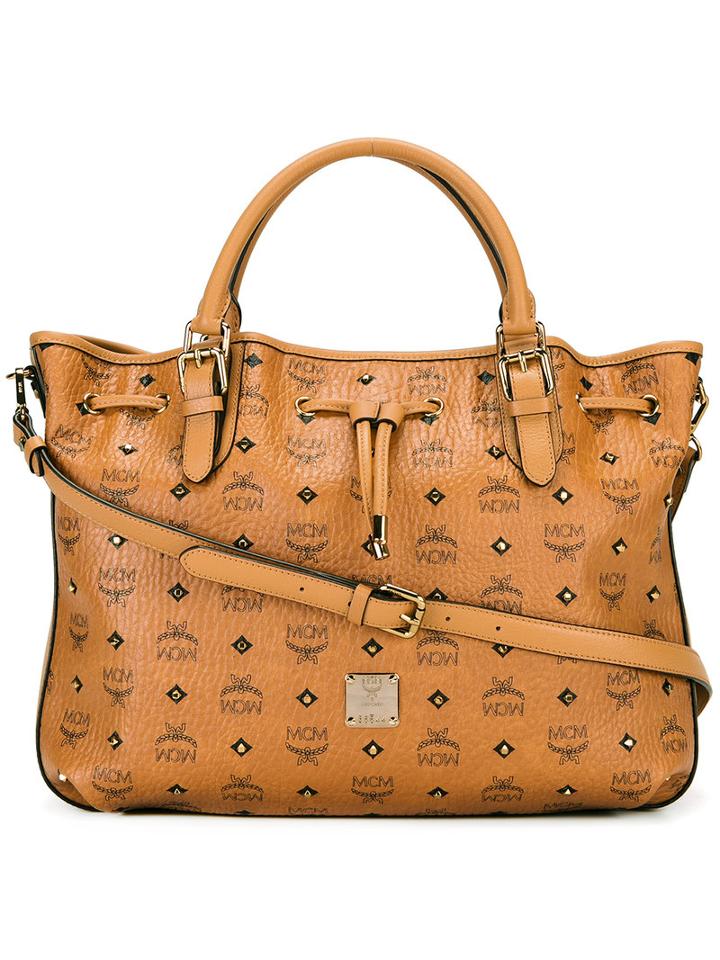 Mcm Logo Print Tote, Women's, Brown, Leather/cotton