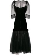 Parlor Sheer-panel Flared Midi Dress - Black