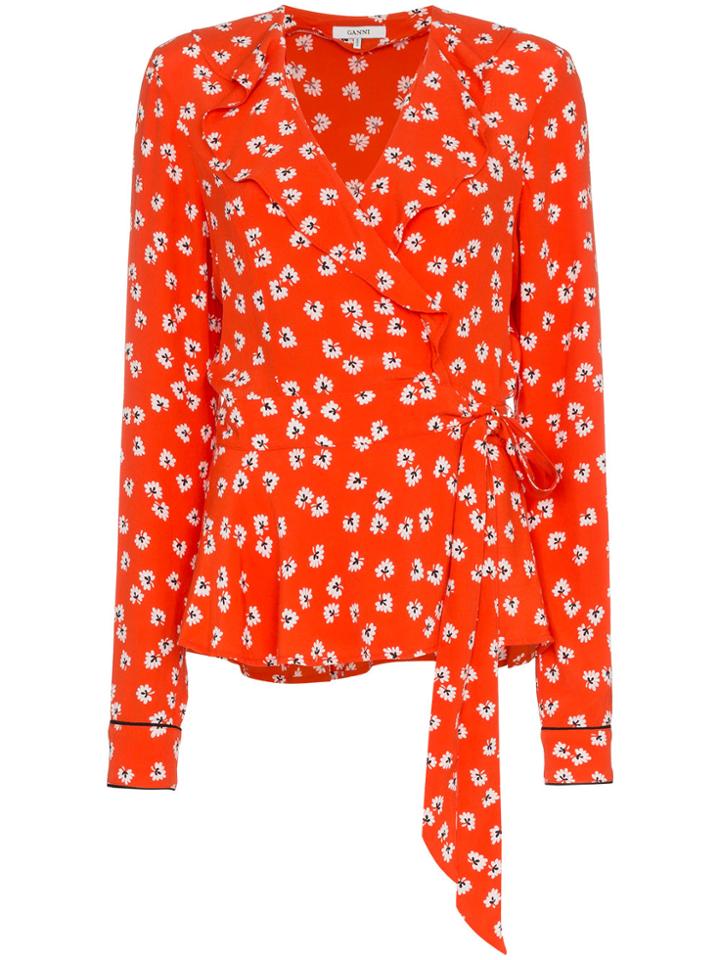 Ganni Floral Ruffle Wrap Over Top - Red