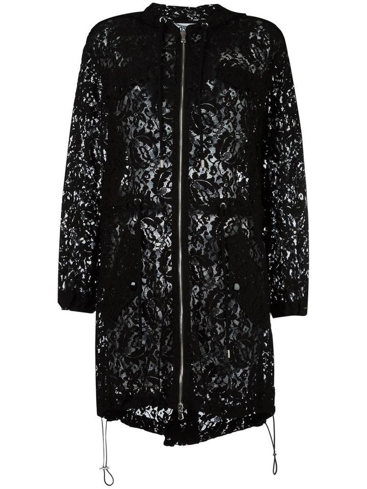 Moschino Hooded Zipped Lace Coat, Women's, Size: 42, Black, Polyamide/rayon