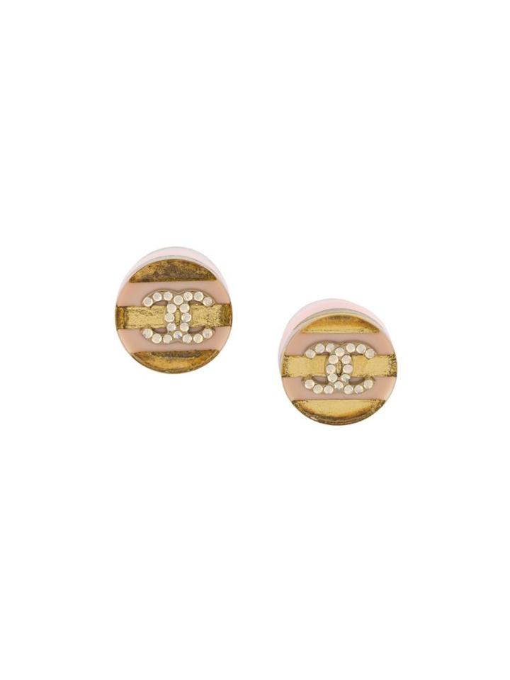 Chanel Vintage Striped Cc Button Earrings, Women's, Metallic