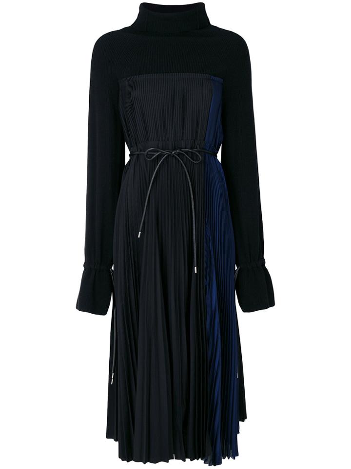 Sacai Stand Up Collar Plissé Midi Dress - Black