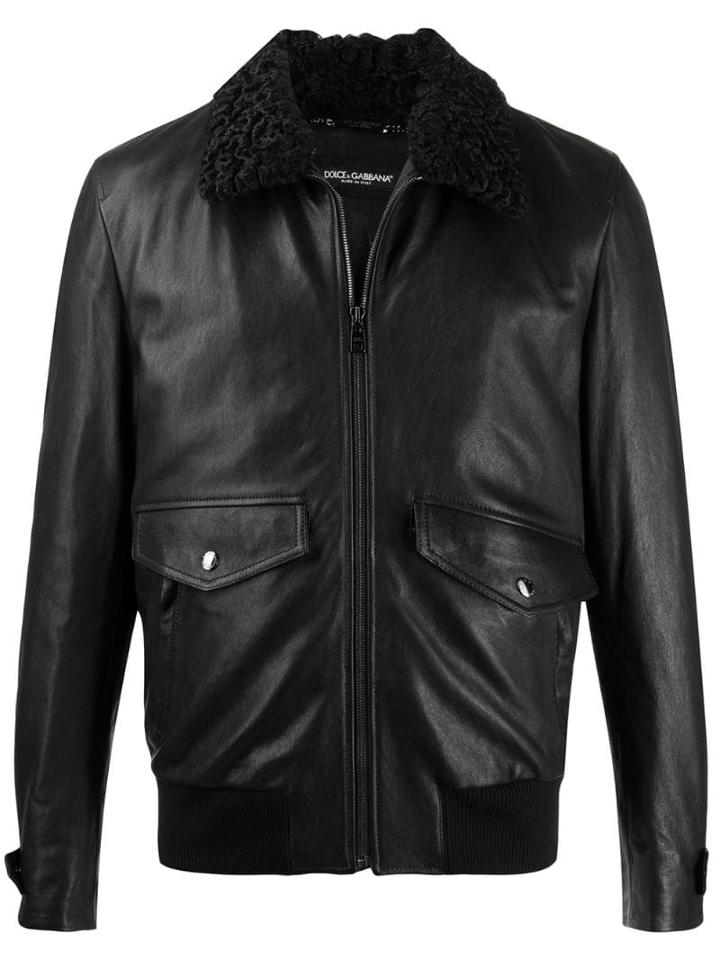Dolce & Gabbana Fur Collar Zip-up Biker Jacket - Black