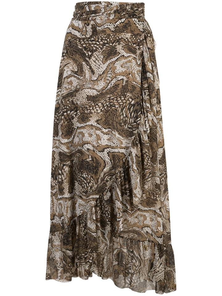 Ganni Marbled Snake-effect Wrap Skirt - Brown