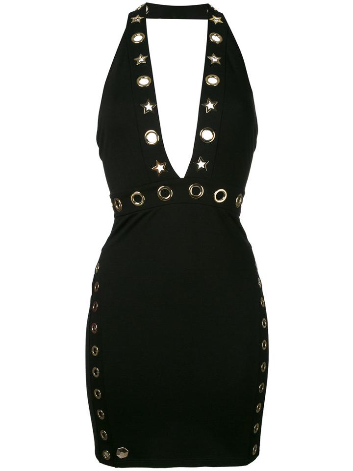 Philipp Plein - Eyelet Detail Halter Dress - Women - Polyester/spandex/elastane/viscose/zamac - M, Black, Polyester/spandex/elastane/viscose/zamac