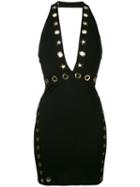 Philipp Plein - Eyelet Detail Halter Dress - Women - Polyester/spandex/elastane/viscose/zamac - M, Black, Polyester/spandex/elastane/viscose/zamac