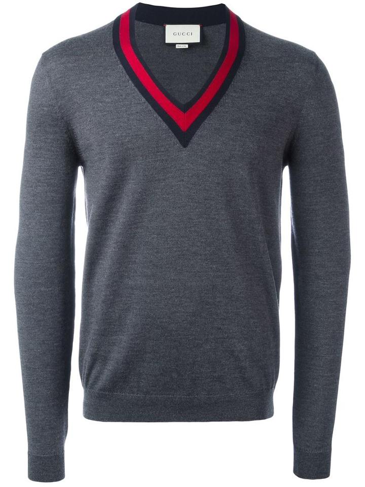 Gucci Web Trim V-neck Jumper, Men's, Size: Small, Grey, Wool