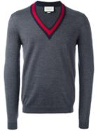 Gucci Web Trim V-neck Jumper, Men's, Size: Small, Grey, Wool
