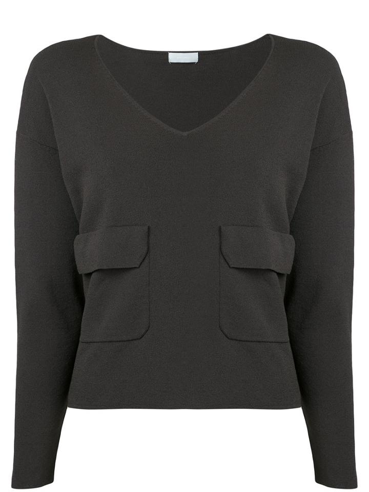 Estnation - V-neck Flap Pocket Blouse - Women - Cotton - 38, Green, Cotton