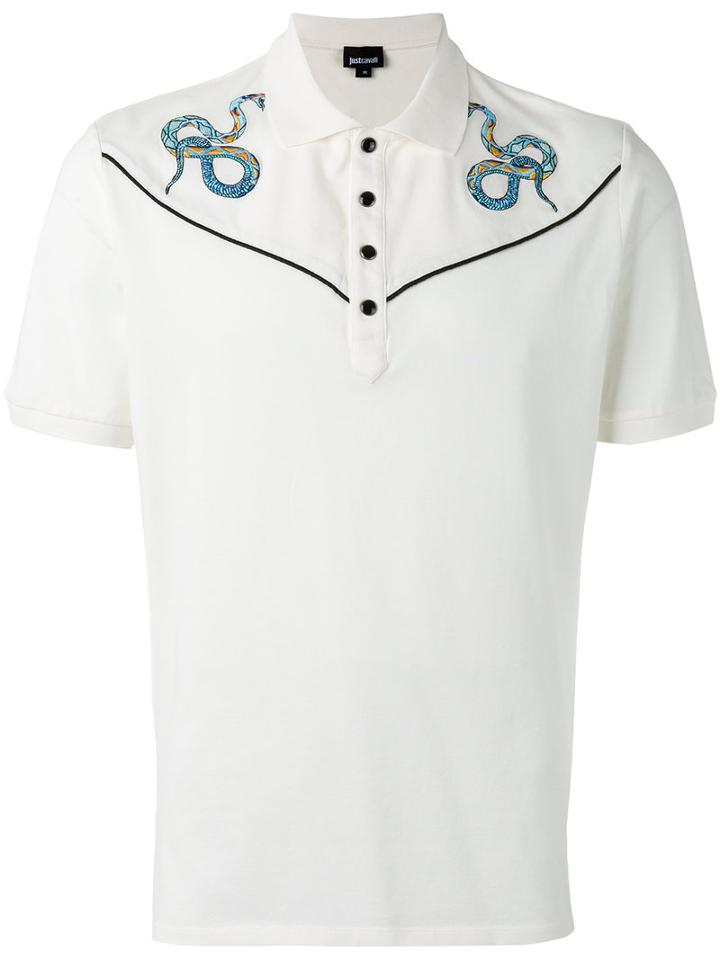 Just Cavalli Snake Embroidered Polo Top, Men's, Size: Small, White, Cotton/spandex/elastane