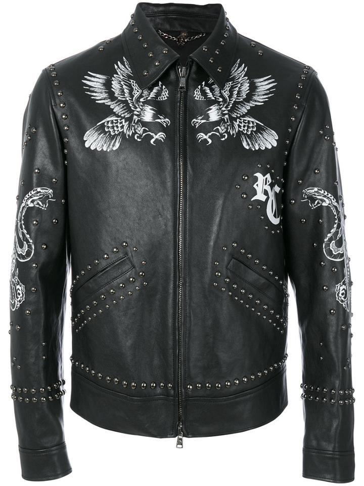 Roberto Cavalli - Printed Studded Jacket - Men - Cotton/leather/cupro/viscose - 52, Black, Cotton/leather/cupro/viscose