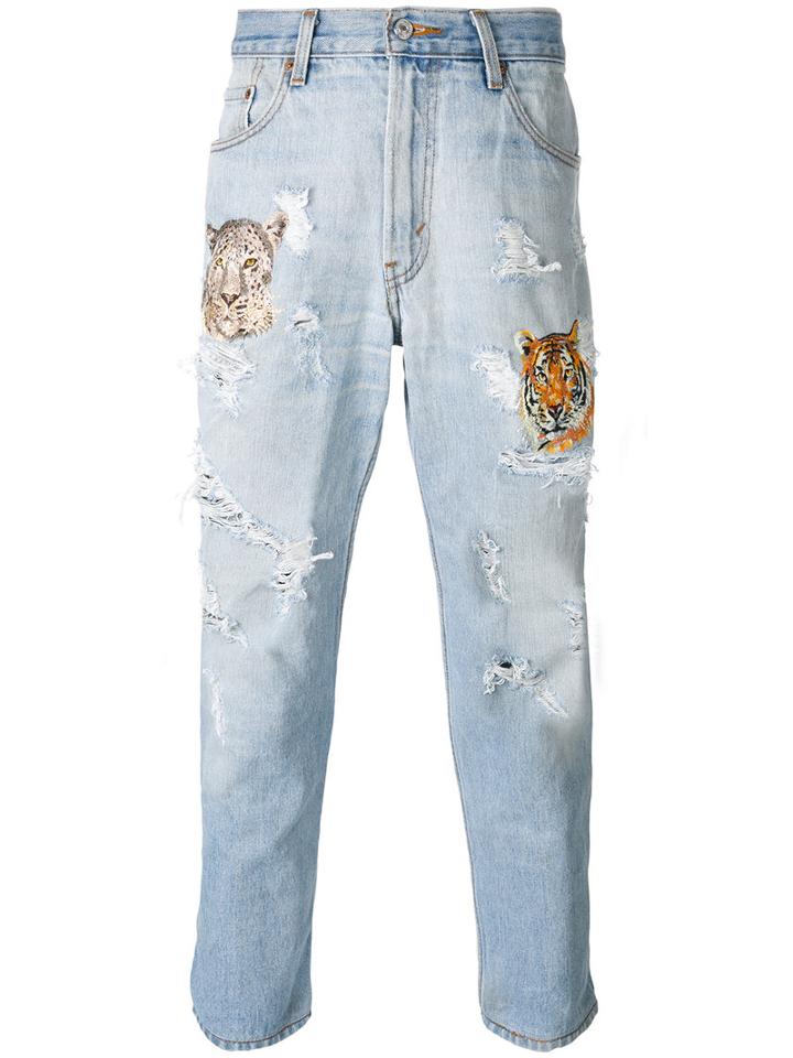 History Repeats Tiger Embroidered Distressed Jeans, Size: 52, Blue, Cotton