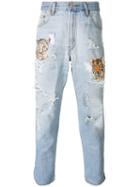 History Repeats Tiger Embroidered Distressed Jeans, Size: 52, Blue, Cotton