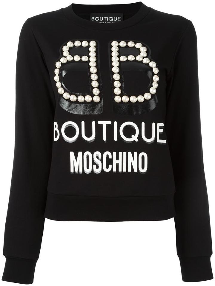 Boutique Moschino Studded Trim Logo Print Sweatshirt, Women's, Size: 42, Black, Cotton