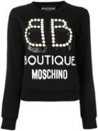 Boutique Moschino Studded Trim Logo Print Sweatshirt, Women's, Size: 42, Black, Cotton