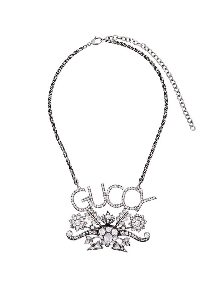 Gucci Logo And Floral Pendant Crystal Necklace - Metallic