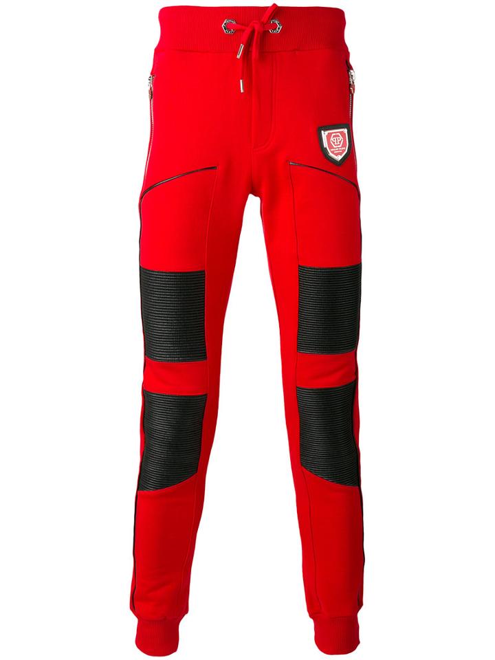 Philipp Plein - Leather Panel Cotton Track Pants - Men - Cotton/polyester/polyurethane - L, Red, Cotton/polyester/polyurethane
